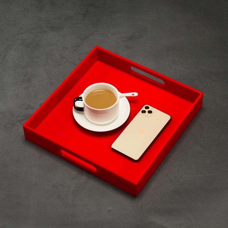 KEVLANG Sturdy Red Acrylic Serving Tray with Handles - 12x12 Inch - Coffee & Appetizer Platter - Kitchen Counter & Vanity Organizer - Image 1